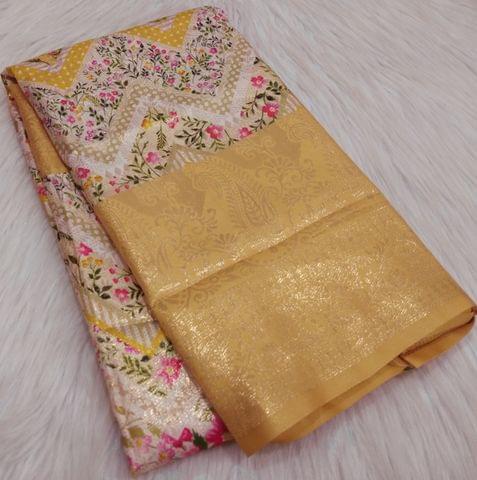 CODE WS417 : Digital printed soft brocade saree,antique gold zari woven pattern all over,double sided borders,rich zari woven contrast pallu with tassels and running soft brocade contrast blouse