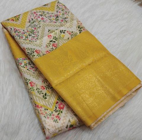 CODE WS421 : Digital printed soft brocade saree,antique gold zari woven pattern all over,double sided borders,rich zari woven contrast pallu with tassels and running soft brocade contrast blouse