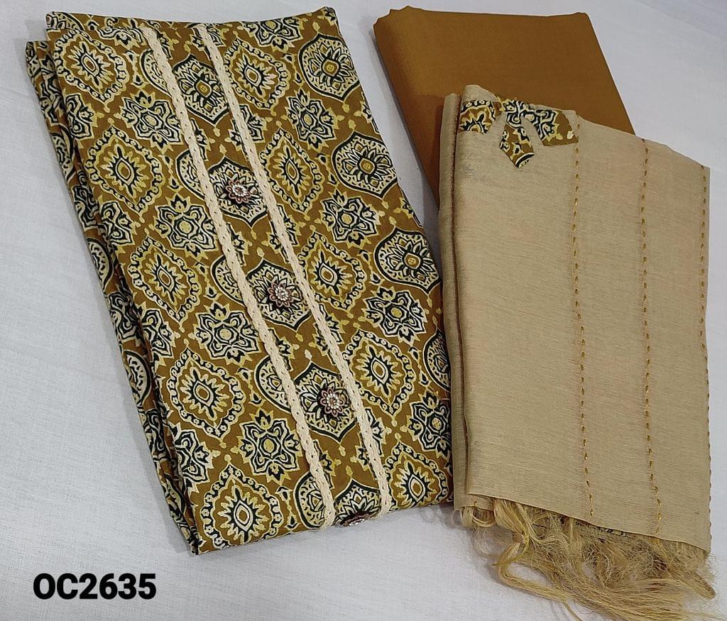 CODE OC2635 : Printed mehandhi Green Cotton unstitched salwar material(requires lining) with buttons on yoke, matching cotton bottom, applique and stitch work on silk cotton dupatta with tassels(tapings needed)