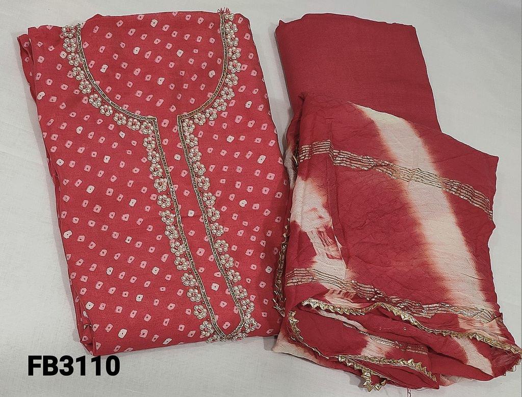 CODE FB3110: Designer Peachish Pink Bandhani Printed  Premium Viscous Silk Unstitched Salwar material(silky fabric requires lining)pearl and cut beads work on yoke, matching santoon bottom,sequins work on soft jakard silk cotton dupatta