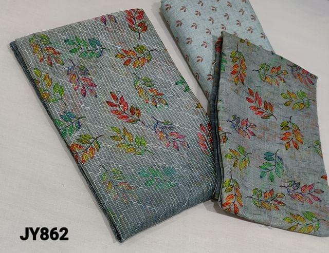 CODE JY862 : Premium Digital Printed Grey fancy silk cotton unstitched Salwar material(requires lining) with thread and sequence work on front side, leaf prints on yoke,  printed modal bottom, Digital printed Soft Silk Cotton Dupatta.