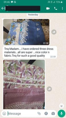 Tnq Madam... I have ordered three dress materials... all are super.. nice color n fabric. Tnq for such a good quality -Reviewed on 23 FEB 2023