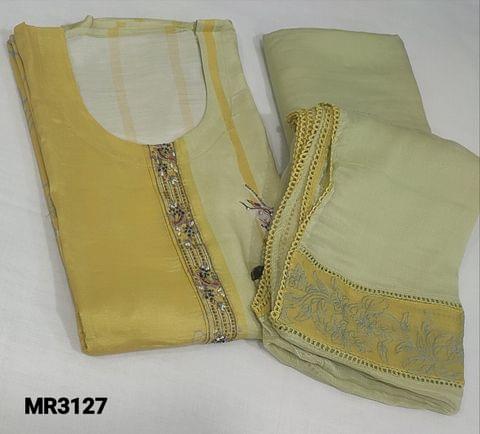 CODE MR3127 : Designer  Pastel Yellow and Green Pure Masleen Silk unstitched Salwar material(thin silky fabric requires lining),digital printed,sequins and bead work on frontside,pastel green santoon bottom,pure chiffon dupatta with crochet lace and embroidery work