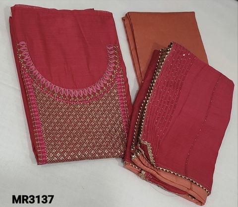 CODE MR3137 : Designer Pink Premium Silk Cotton unstitched Salwar material(thin fabric requires lining),sequins and thread work on frontside, Peach silk Cotton bottom,dual shaded soft silk cotton dupatta with sequins work and tapings