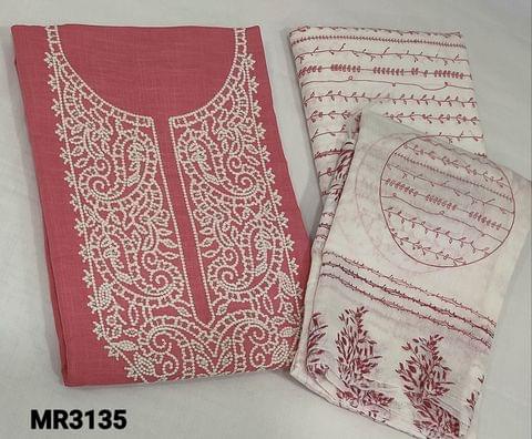 CODE MR3135 : Pink Slub cotton unstitched Salwar material(  lining optional ) with embroidery work on yoke ,printed cotton bottom,block printed fancy thin silk cotton dupatta (requires tapings)