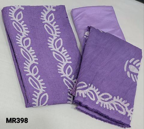 CODE MR398 : Batik Dyed Purple Soft silk Cotton unstitched Salwar materials(lining required) with thread and sequence work on frontside, matching thin silky bottom, Batik dyed soft silk cotton dupatta(requires tapings)