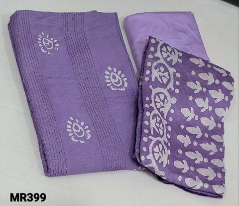 CODE MR399 : Batik Dyed Purple Soft silk Cotton unstitched Salwar materials(lining required) with thread and sequence work on frontside, matching thin silky bottom, Batik dyed soft silk cotton dupatta(requires tapings)