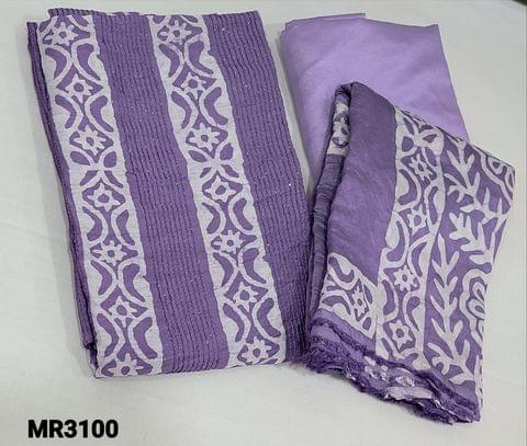 CODE MR3100 : Batik Dyed Purple Soft silk Cotton unstitched Salwar materials(lining required) with thread and sequence work on frontside, matching thin silky bottom, Batik dyed soft silk cotton dupatta(requires tapings)