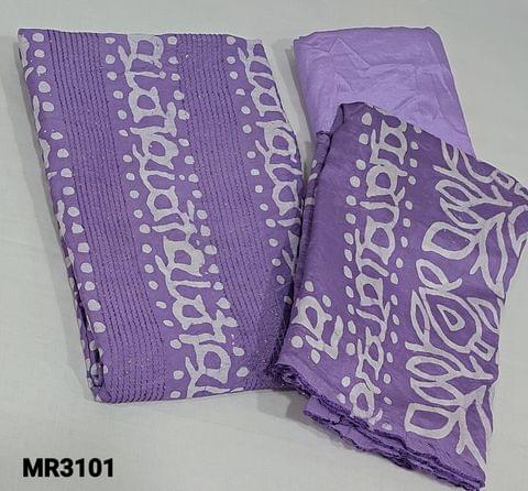 CODE MR3101 : Batik Dyed Purple Soft silk Cotton unstitched Salwar materials(lining required) with thread and sequence work on frontside, matching thin silky bottom, Batik dyed soft silk cotton dupatta(requires tapings)