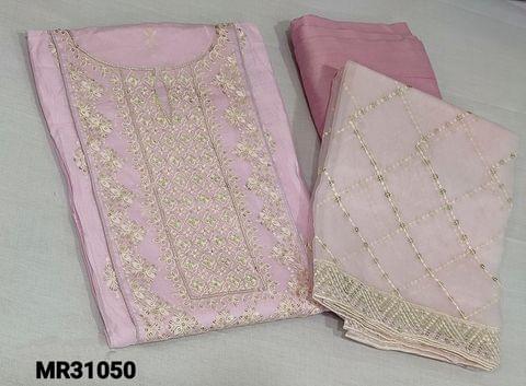 CODE MR31050 : Designer Pastel Pink Premium silk cotton unstitched salwar material (thin fabric lining required) Heavy thread and sequins work on Yoke, Thread and sequins work on Front side, Plain back, pink silk cotton bottom, Organza dupatta with thread and sequence work and taping