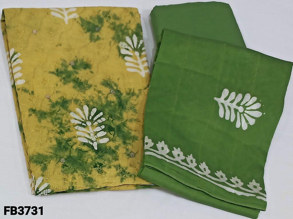 CODE FB3731 : Yellow and Green Batik Dyed Pure Soft cotton unstitched Salwar material(soft fabric requires lining) with embroidery on front side ,green soft cotton bottom, Batik dyed soft silk cotton dupatta