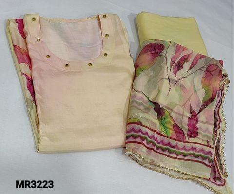 CODE MR3223 : Designer Pastel Yellow Pure Masleen Silk semi-stitched salwar material(soft silky thin fabric can fit upto XL size),round neck,Bright floral design on front and backside,3/4th sleeves,matching santoon bottom in pastel Yellow, floral design on pure chiffon dupatta with gota  lace tapings