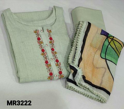 CODE MR3222 : Designer pale Green Pure Linen semi stitched Salwar material(lining included, Can fit up to XL size)with thread and bead work on yoke, round neck, 3/4 sleeves, matching soft cotton lining provided, NO BOTTOM, Digital printed Pure Linen dupatta.
