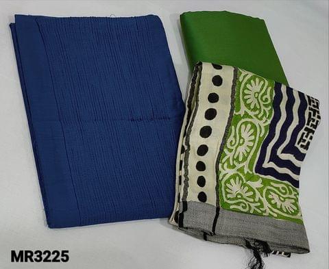 CODE MR3225 :Designer Ink Blue soft semi dupion silk Unstitched salwar material (soft fabric lining optional)pintuck(stitch) detailing on panel, Light Green silk Cotton bottom,block printed pashmina dupatta
