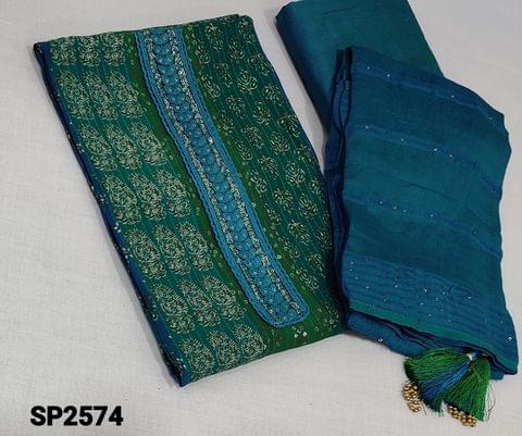 CODE SP2574 : Premium Printed Green and Blue Premium Modal fabric unstitched Salwar material(soft fabric, lining optional) with embroidery and sequence work on yoke, blue silk cotton or cotton bottom, thread and sequence work on soft silk cotton dupatta with tassels.