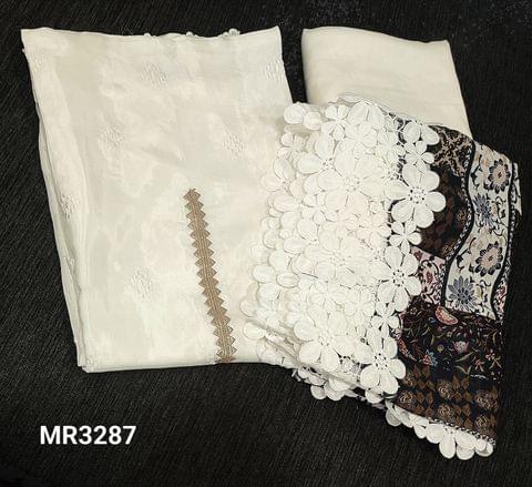 CODE MR3287 : Designer White Pure Masleen Silk Unstitched Salwar material(soft and thin silky fabric, requires lining) with gota patch on yoke,self embroidery on frontside,rich lace work in daman,matching santoon bottom,Digital Printed georgette dupatta with broad lace tapings