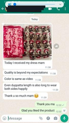 Today i received my dress mam, quality is beyond my expections color is same as video even duppatta length is also long to wear both sides happily, thank u so much ma'am-Reviewed on 21th MAR 2023