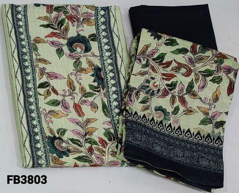 CODE FB3803 : Digital Printed Pale Green Fancy Silk Cotton unstitched Salwar material(requires lining) Digital printed Patch work on yoke with Zari and real mirror work, Digital printed daman border, Modal Bottom, Digital printed light weight silk cotton dupatta with Digital printed border.