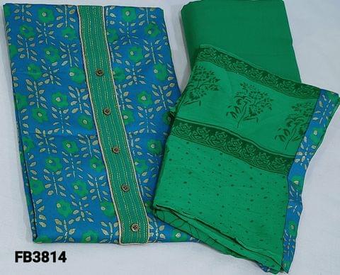 CODE FB3814 : Blue Printed Satin Cotton Unstitched Salwar material( Lining Optional, smooth fabric) with Simple yoke, Turquoise Green Cotton bottom, Block printed Chiffon Dupatta with tapings