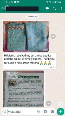 Hii mam... received my set... nice quality and the color is simply superb. Thank you for such a nice dress material -Reviewed on 25th MAR 2023