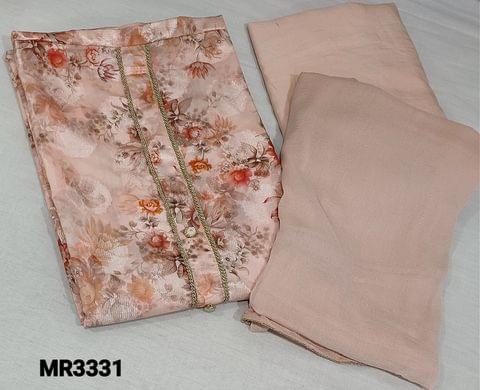 CODE MR3331: Pastel Pink Brasso Silk Cotton unstitched Salwar material(Soft Fabric requires lining) with Floral prints, simple yoke,lace and thread work in daman,matching santoon bottom,chiffon dupatta with lace tapings