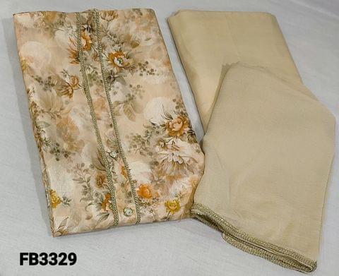 CODE MR3329 : Beige Brasso Silk Cotton unstitched Salwar material(Soft Fabric requires lining) with Floral prints, simple yoke,lace and thread work in daman,matching santoon bottom,chiffon dupatta with lace tapings