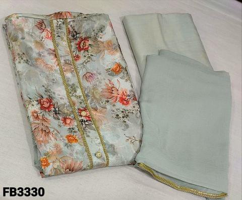 CODE MR3330 : Silver Grey Brasso Silk Cotton unstitched Salwar material(Soft Fabric requires lining) with Floral prints, simple yoke,lace and thread work in daman,matching santoon bottom,chiffon dupatta with lace tapings