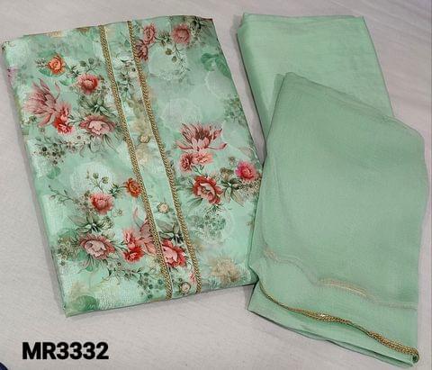 CODE MR3332 : Pastel Green Brasso Silk Cotton unstitched Salwar material(Soft Fabric requires lining) with Floral prints, simple yoke,lace and thread work in daman,matching santoon bottom,chiffon dupatta with lace tapings