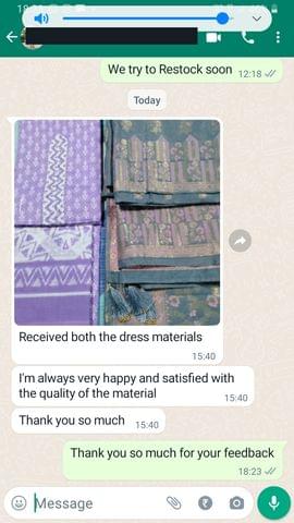Received both the dress materials, I'm always very happy and satisfied with the quality of the material, thank you so much -Reviewed on 27th MAR 2023