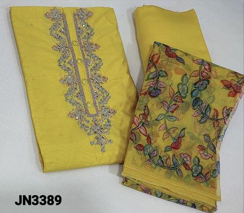 CODE JN3389 : Bright lemon yellow silk cotton unstitched Salwar material(soft thin fabric requires lining) with zari and sequence work on yoke ,matching santoon bottom, short width digital printed organza dupatta