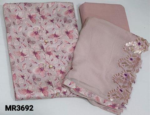 CODE MR3692 : Pastel Lavender Base Satin Cotton unstitched Salwar material(soft fabric lining optional)simple yoke, matching cotton bottom, Gota Patch work on chiffon dupatta with tapings
