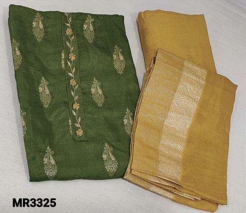 CODE MR3325 : Designer Cardomon Green Uppada Silk unstitched Salwar material(soft silky fabric, requires lining)zari and thread work on yoke,zari woven design on front side,Mehandhi Yellow santoon bottom,Premium soft silk dupatta with zari woven pallu