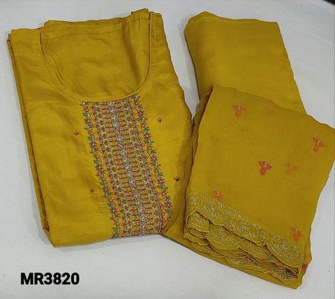 CODE MR3820 : Designer Mehandhi Yellow Dola Silk unstitched Salwar material(soft silky fabric, requires lining) Thread and zari on front side, matching santoon bottom, cross stich embroidery work on short width pure organza dupatta with cutwork edges