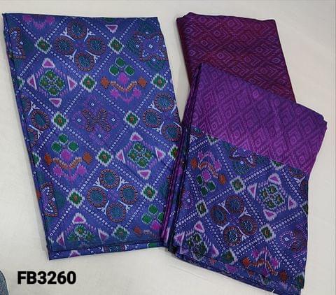 CODE FB3260 : Ink Blue dual shaded Fancy Soft Silk unstitched Salwar material(soft silky fabric lining needed) with ikat prints all over, pink dual shaded ikat printed fancy silk  bottom, dual shaded ikat printed soft fancy silk dupatta(needs tapings)