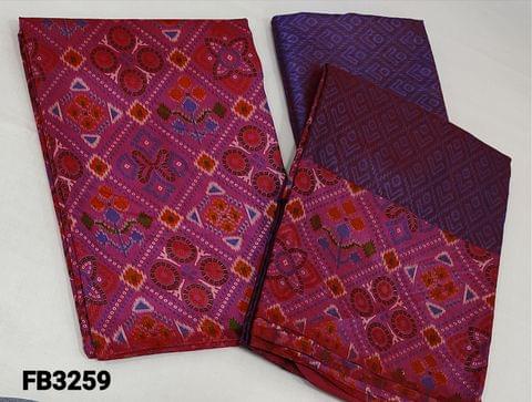 CODE FB3259 : Bright Pink Fancy Soft Silk unstitched Salwar material(soft silky fabric lining needed) with ikat prints all over, purple dual shaded ikat printed fancy silk  bottom, dual shaded ikat printed soft fancy silk dupatta(needs tapings)