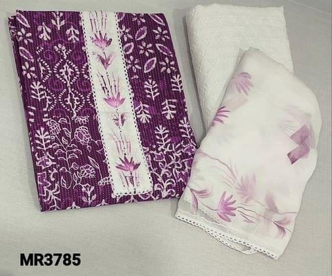 CODE MR3785 : Purple Premium Wax Batik Dyed pure soft Kantha cotton Unstitched salwar material (soft fabric, lining optional), Batik design all over,brush paint work on simple yoke and daman,White chikankari embroidered(design might Vary) cotton bottom,brush paint work on chiffon dupatta with lace tapings