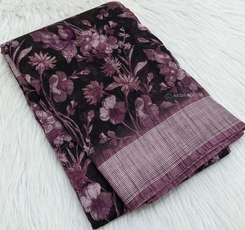 CODE WS446 :Black Base Floral Printed Fancy Silk cotton saree(light weight thin in texture) with thread woven fancy borders,simple striped pallu,digital printed running blouse with borders