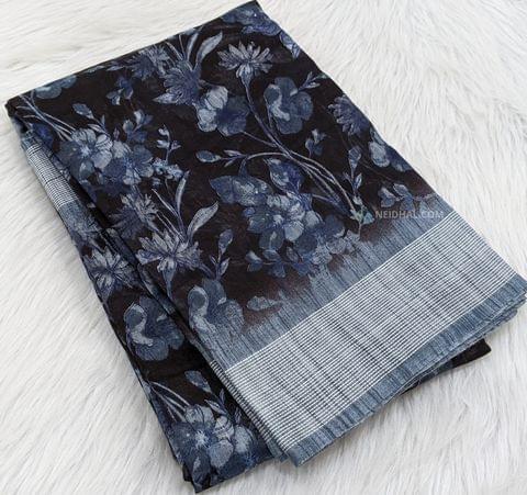 CODE WS447 :Black Base Floral Printed Fancy Silk cotton saree(light weight thin in texture) with thread woven fancy borders,simple striped pallu,digital printed running blouse with borders