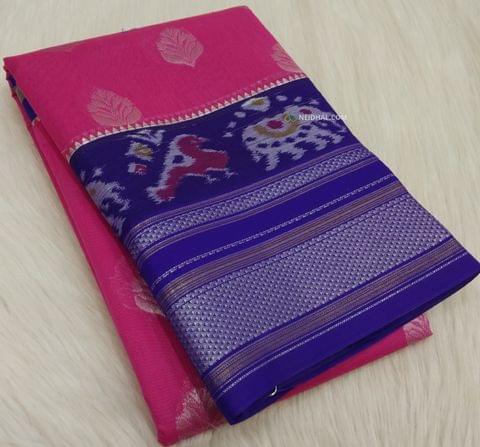 CODE WS457 :Bright Pink kuppadam silk cotton saree with antique zari woven big violet border, zari  buttas all-over, contrast rich patola printed pallu  , Purple silk cotton running blouse