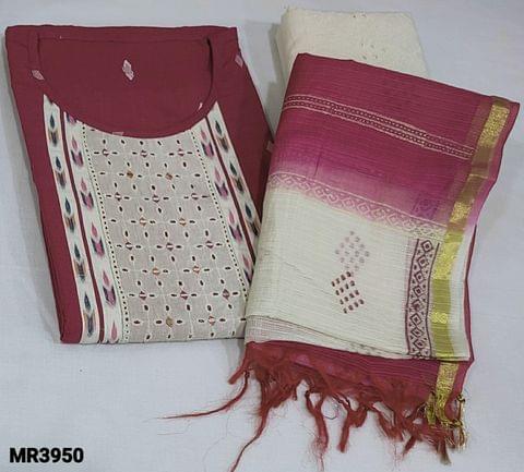 CODE MY3950 : Pink Premium Pure cotton unstitched salwar material(thin soft fabric, lining optional) round neck, cut work and foil work on yoke, thread woven buttas all over, Off White Cotton Bottom (cut work and self thread embroidery work on lower part of the bottom), Block printed Pure kota dupatta with thin zari borders on either side