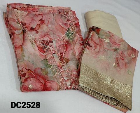 CODE DC2528 : Designer Pink and Peachish pink Shade pure Organza unstitched salwar material(thin fabric requires lining) with zardozi and sequence work on yoke, round neck, benarasi zari weaving buttas on frontside, zari woven on daman, light beige santoon bottom, Digital floral printed Organza dupatta with zari weaving buttas and borders. (can fit up to XL size)