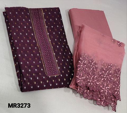 CODE MR3273 :Dark Beetroot Silk cotton Unstitched Salwar material(thin fabric, requires lining ) Simple yoke,thread and zari woven buttas all over, Pink cotton bottom,Fancy Organza Dupatta with embroidery and cutwork edges