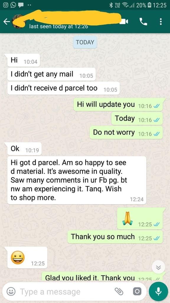 Am so happy to see d material. It's awesome in quality. Saw many comments in your fb page but now am experiencing it. Thank you. Wish to shop more.  - Reviewed on 06-Dec-2018
