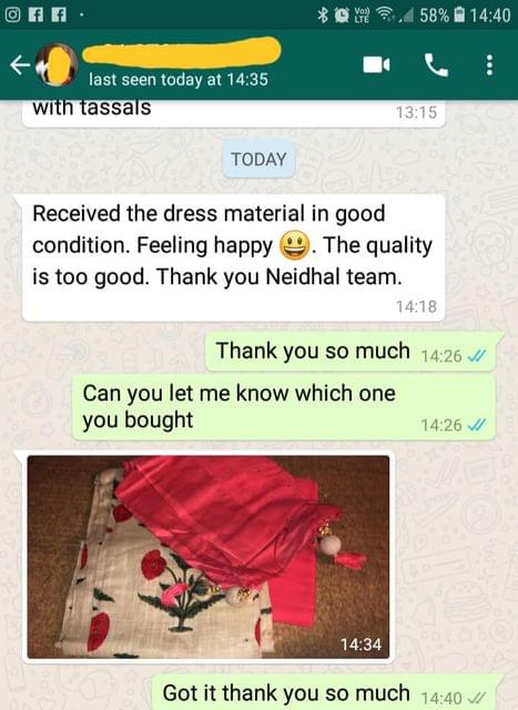 Received the dress material in good condition. Feeling Happy. The quality is too good. Thank you Neidhal team.   - Reviewed on 20-Dec-2018