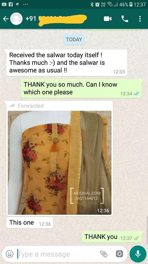 Received the salwar today itself ! Thank you so much. And the salwar is awesome as usual !!.  - Reviewed on 09-Jan-2019