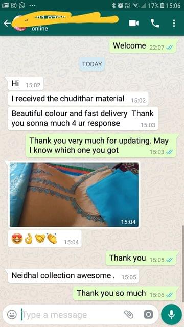 I received the chudithar material. Beautiful color and fast delivery. Thank you so much for your response  - Reviewed on 14-Jan-2019