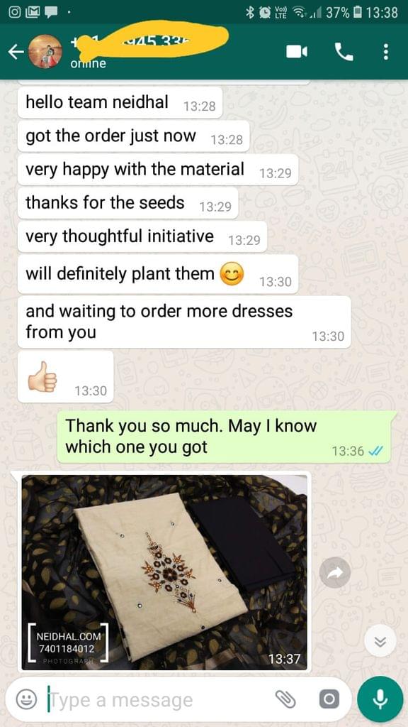 Got the order just now.. Very happy with the material.. Thanks for the seeds.. Very thoughtful initiative, Will definitely plant them, And waiting to order more dresses from you good.- Reviewed on 02-Feb-2019