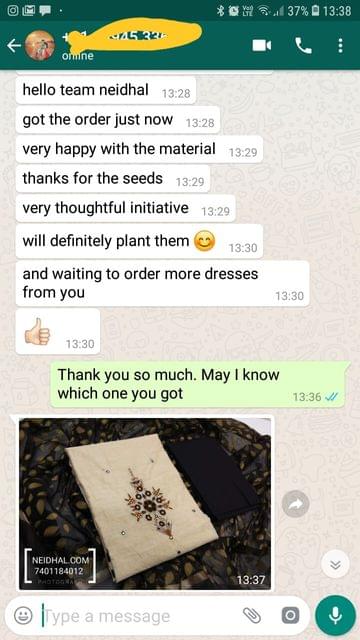 Got the order just now.. Very happy with the material.. Thanks for the seeds.. Very thoughtful initiative, Will definitely plant them, And waiting to order more dresses from you good.- Reviewed on 02-Feb-2019
