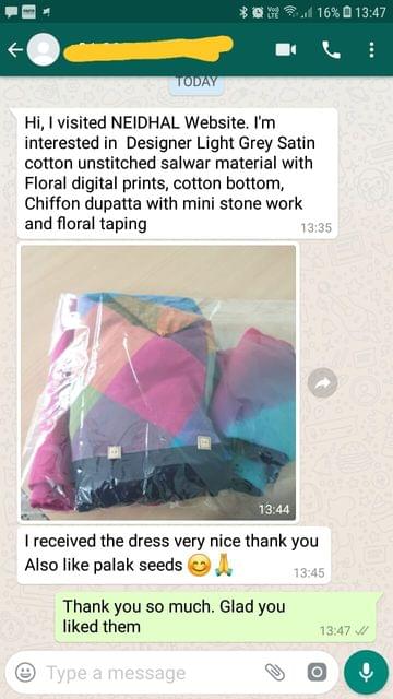 I received the dress... Very nice... Thank you... Also like palak seeds... Thank you.  - Reviewed on 28-Feb-2019