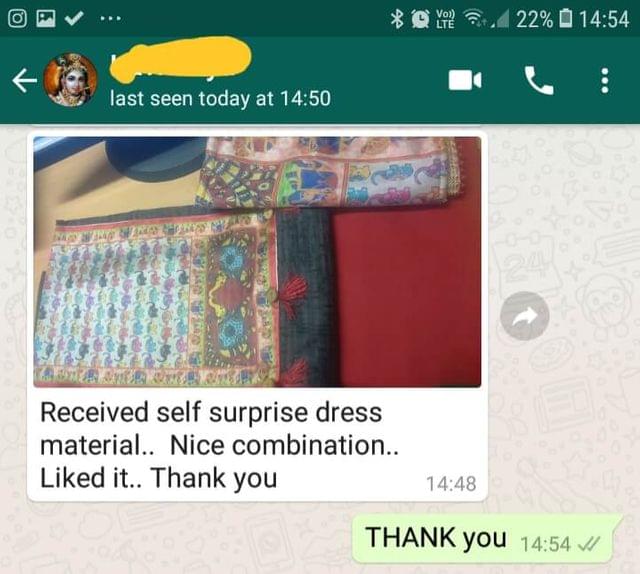 Received self surprise dress material... Nice combination... Liked it... Thank you. -Reviewed on 12-Mar-2019